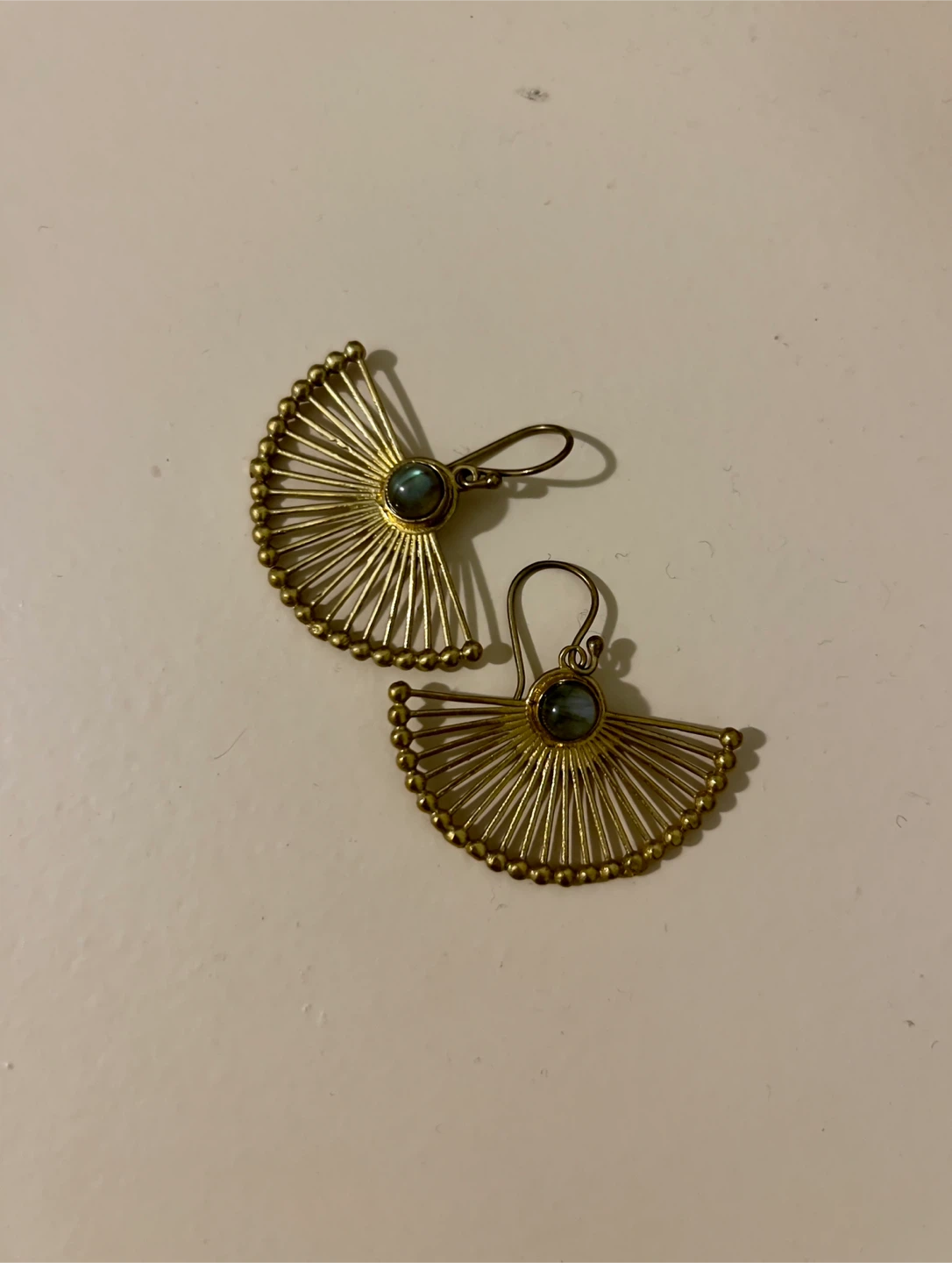 Gold Fan Dangle Earrings with Blue-Gray Stone - photo 4