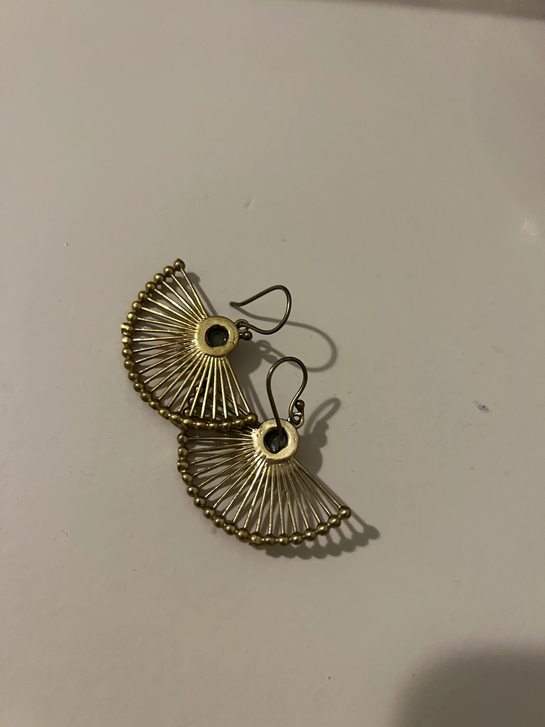Gold Fan Dangle Earrings with Blue-Gray Stone - photo 5