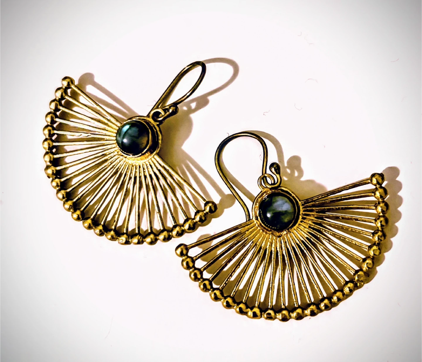 Gold Fan Dangle Earrings with Blue-Gray Stone