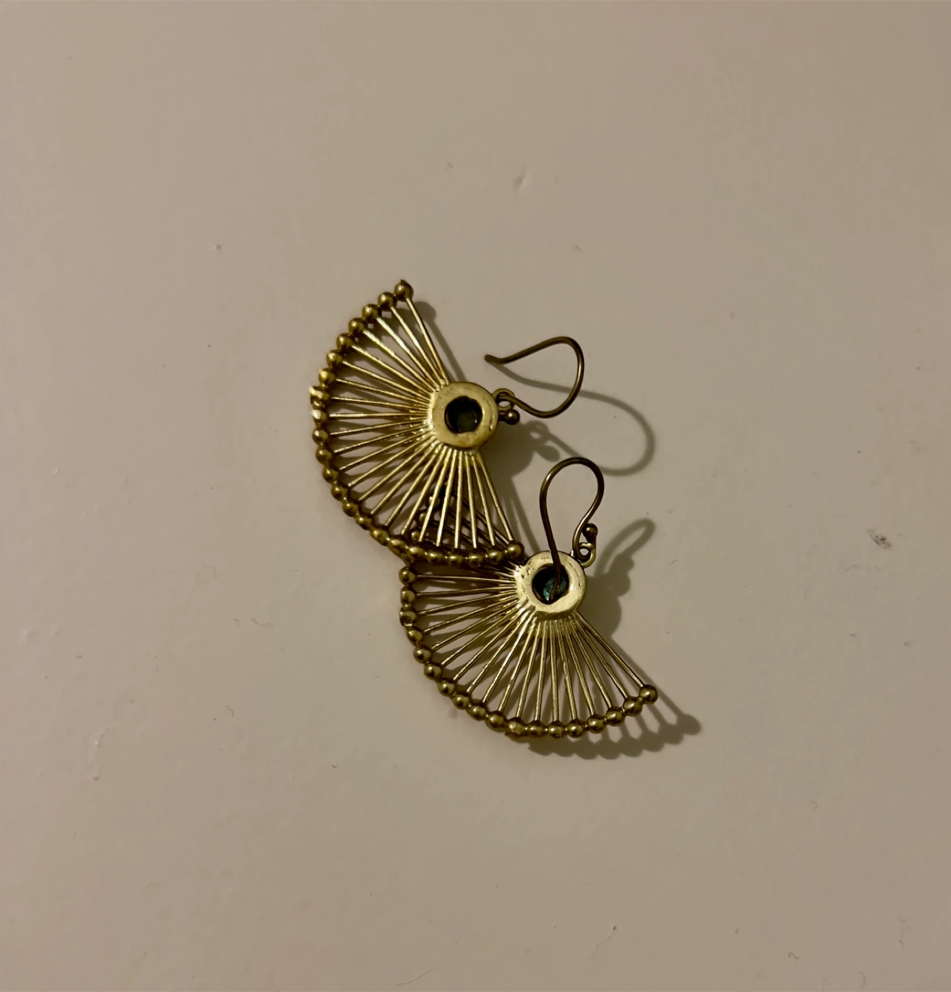 Gold Fan Dangle Earrings with Blue-Gray Stone - photo 3