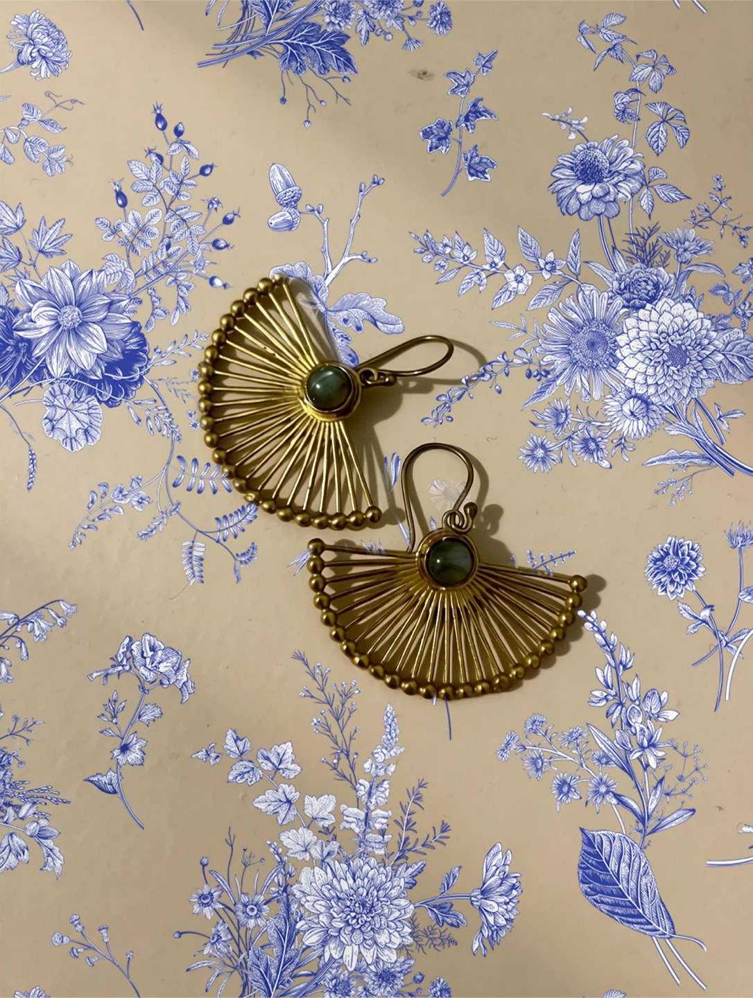 Gold Fan Dangle Earrings with Blue-Gray Stone - photo 2
