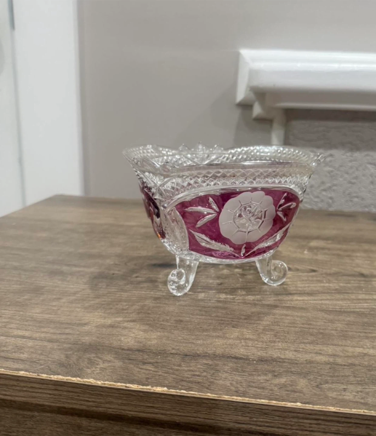 Vintage Cut Glass Bowl with Pink Overlay and Rose Etching