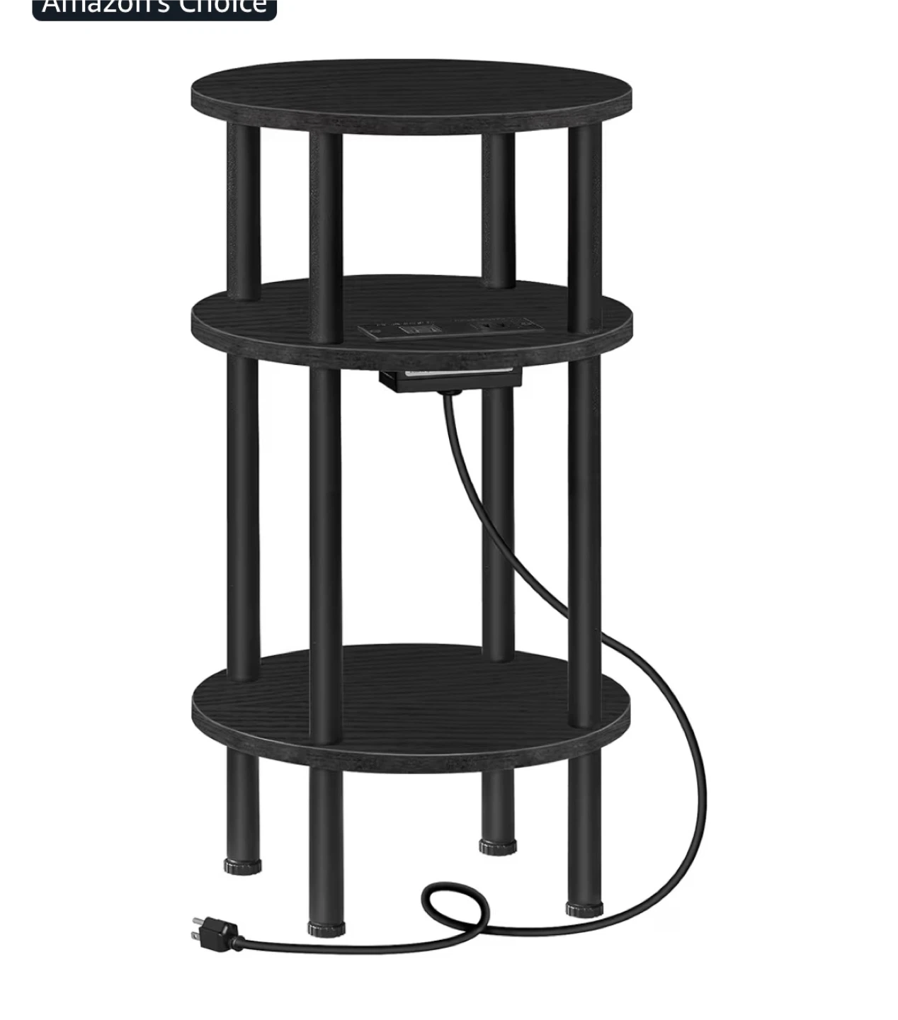 Black 3-Tier End Table with Built-in Outlet