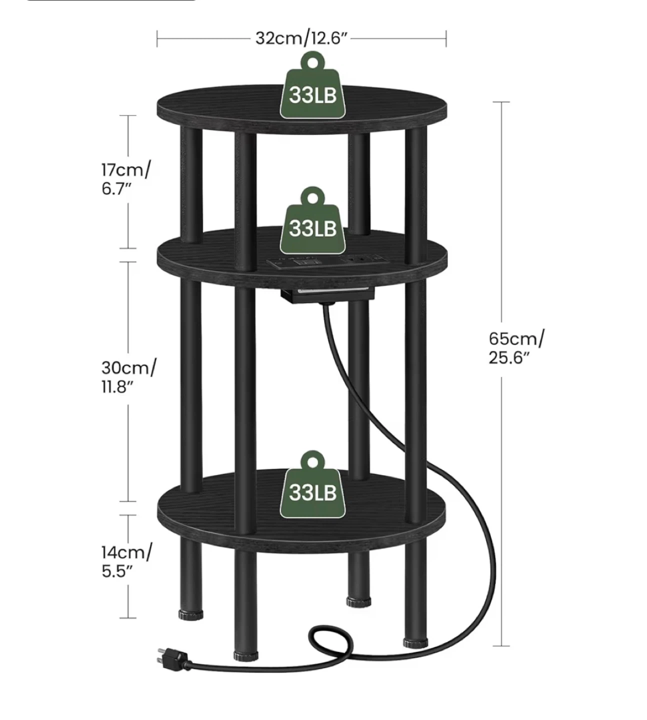 Black 3-Tier End Table with Built-in Outlet - photo 2