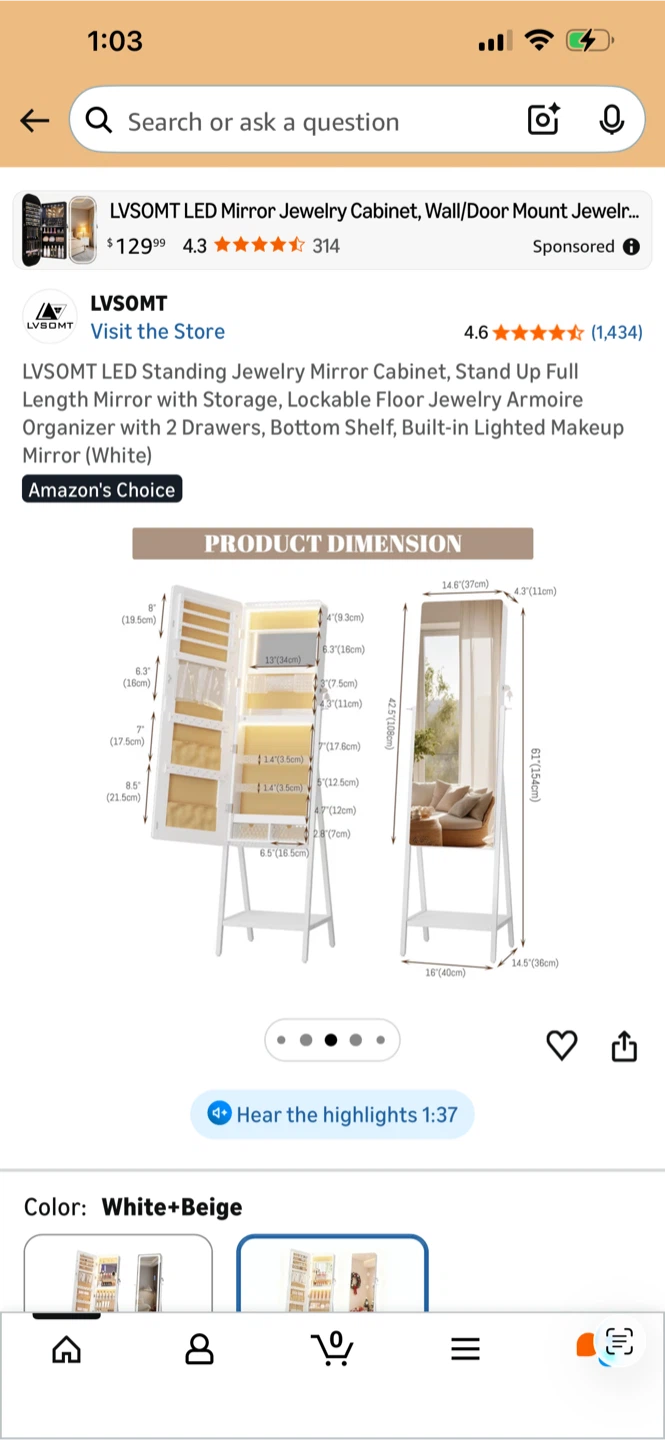 Full Length Makeup Mirror with Storage and Key - photo 3