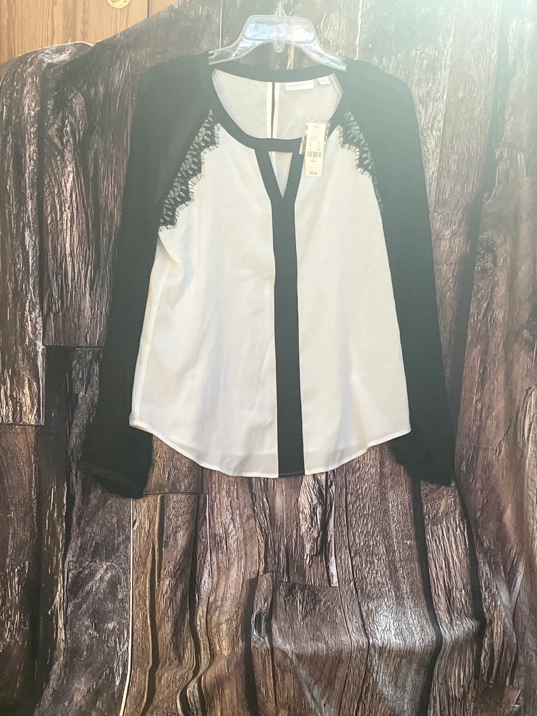 White & Black Long Sleeve Blouse with Lace Trim