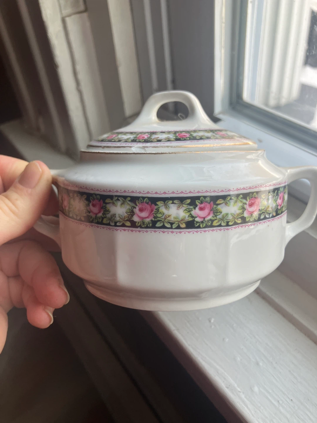 Vintage Rose Pattern Sugar Bowl Made in Germany