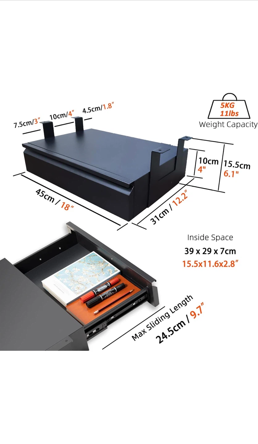 OSTEED Under Desk Drawer 45cm Black - photo 4