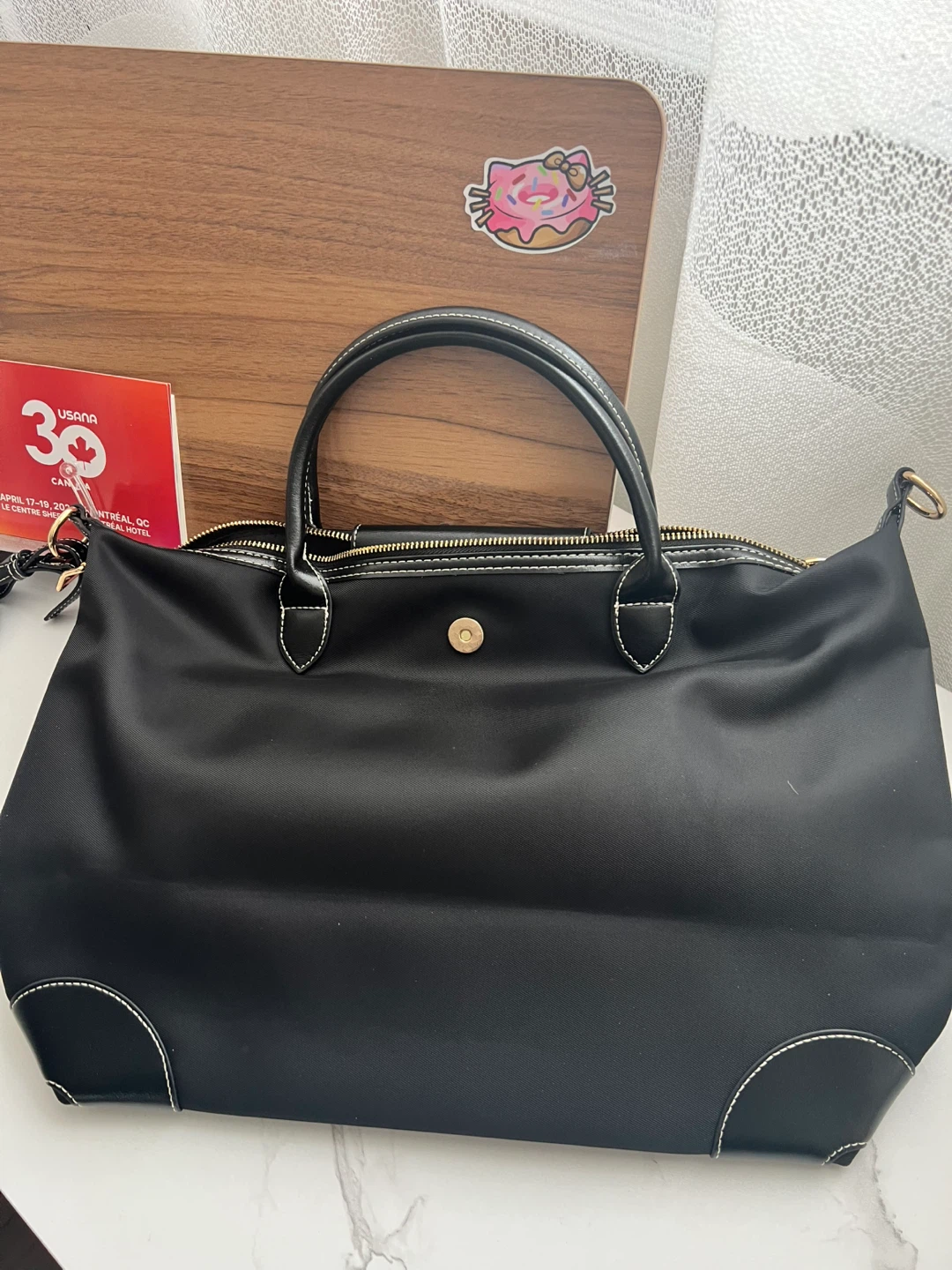 Black Nylon and Leather Trimmed Handbag