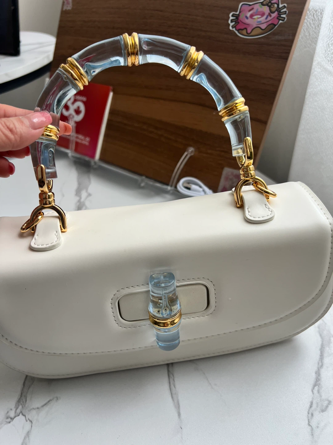White Handbag with Clear Bamboo-Style Handle - photo 2