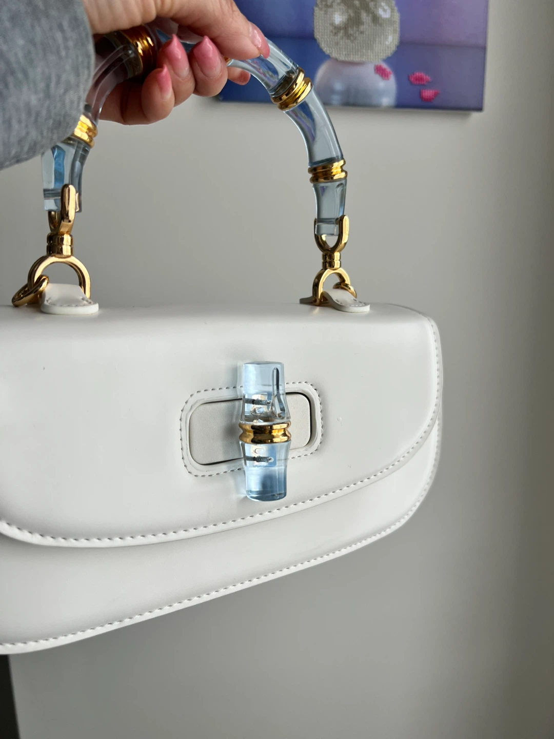 White Handbag with Clear Bamboo-Style Handle