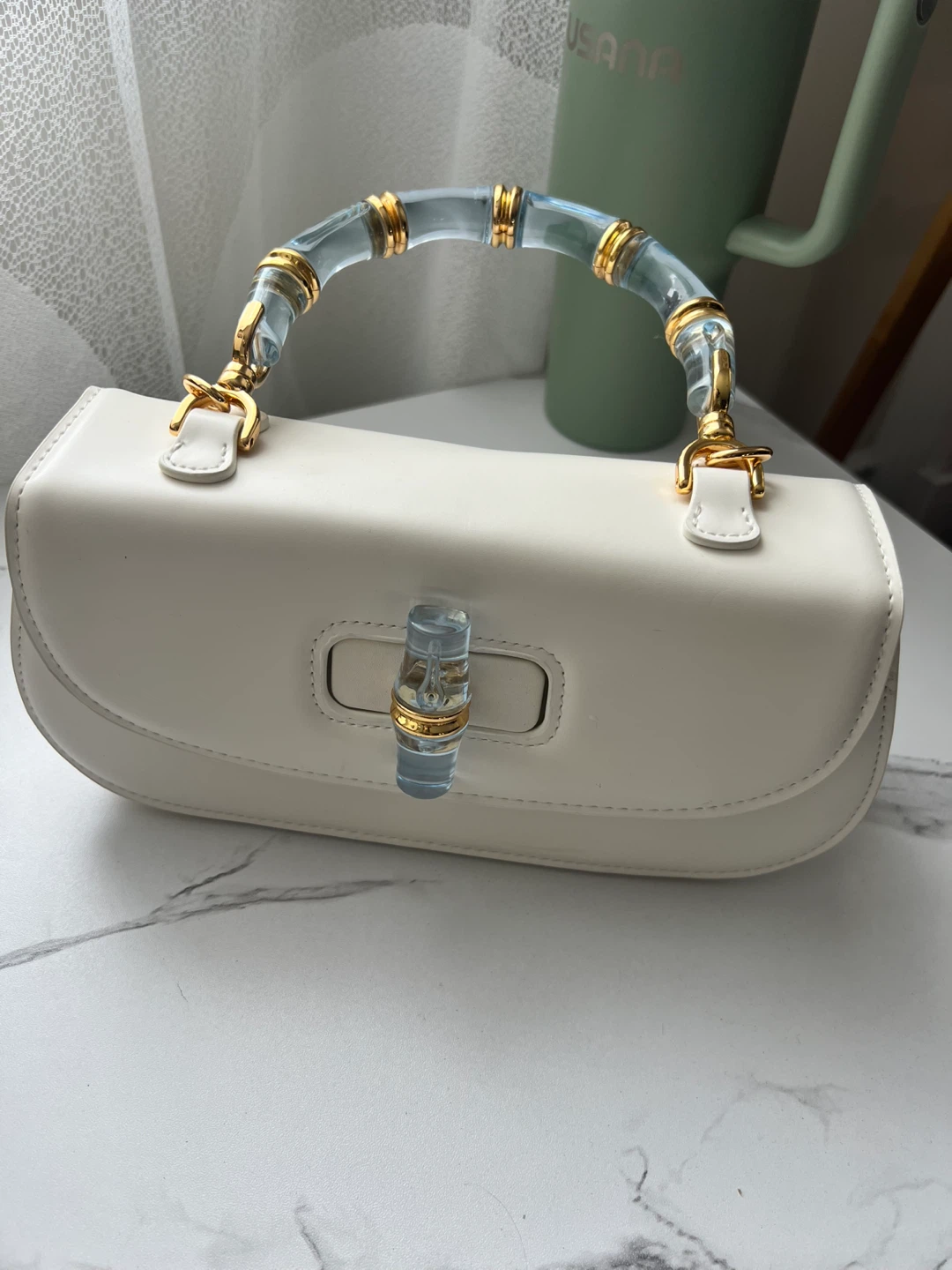 White Handbag with Clear Bamboo-Style Handle - photo 3
