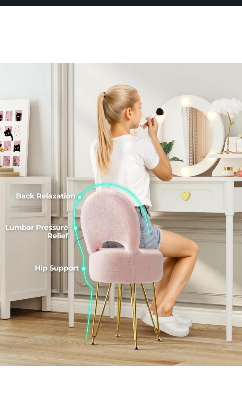 Pink Faux Fur Vanity Stool Chair