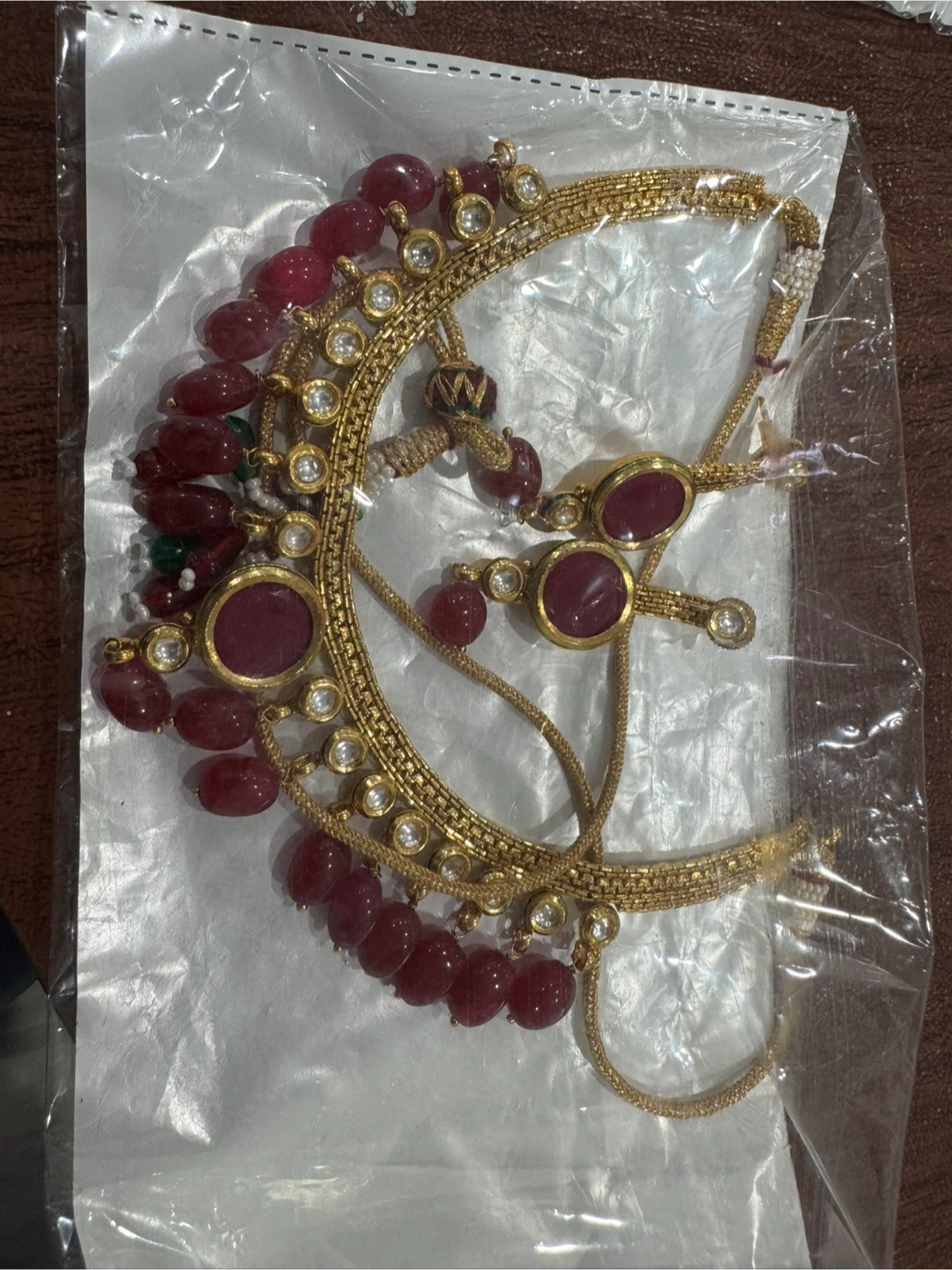 Gold-tone Necklace and Earrings Set with Red Stones - photo 2