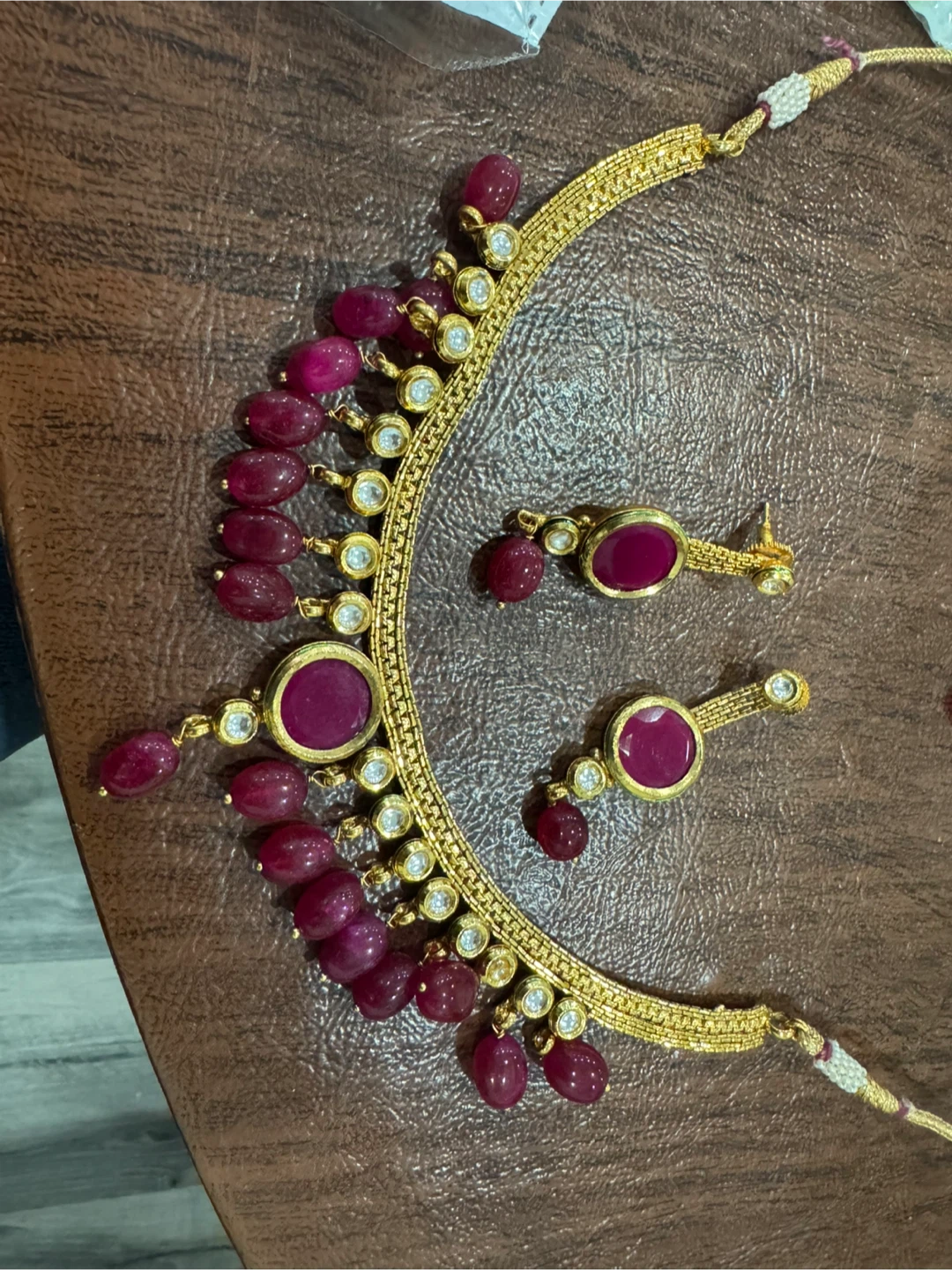 Gold-tone Necklace and Earrings Set with Red Stones