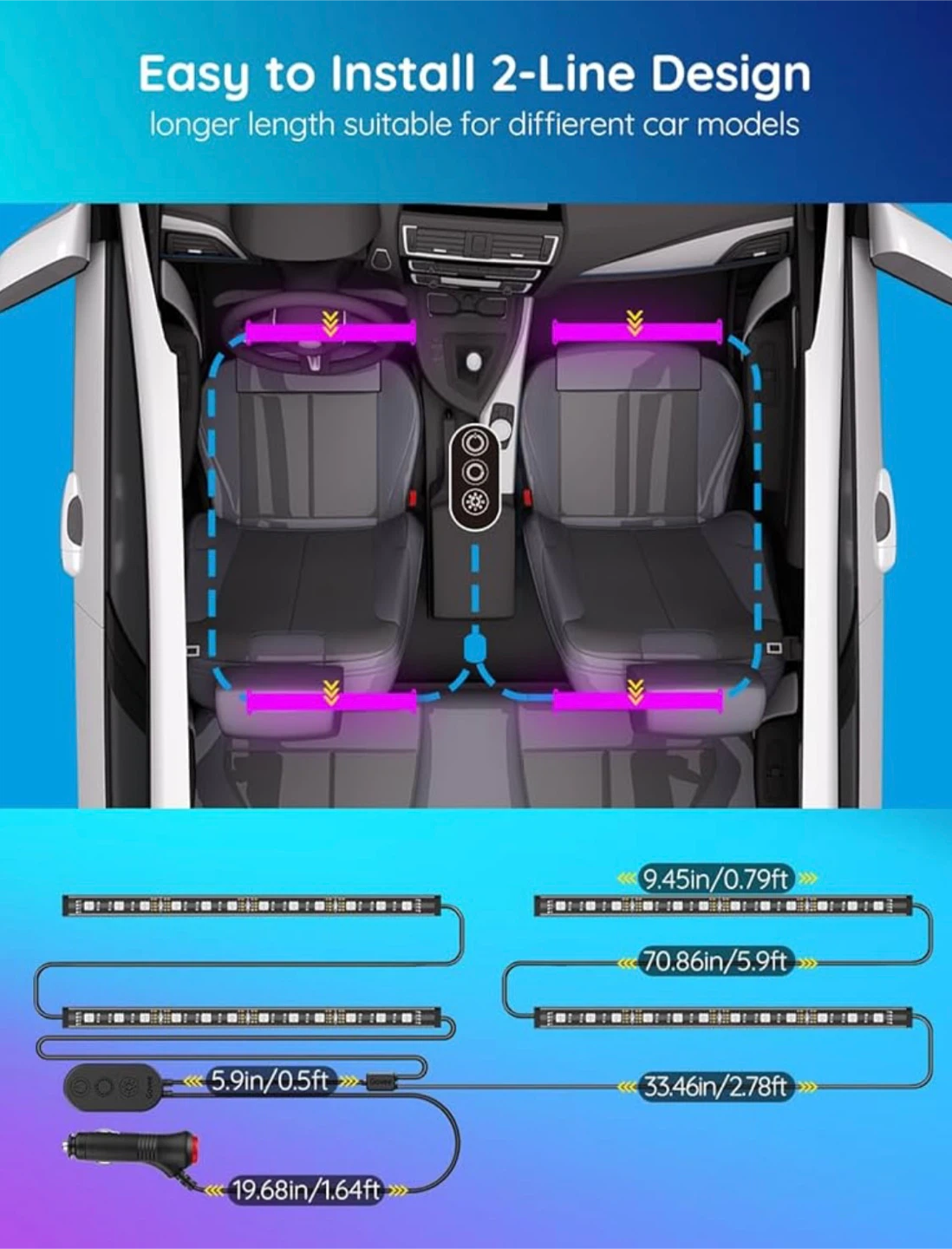 LED Car Interior Strip Lights - RGB, 12V - photo 3