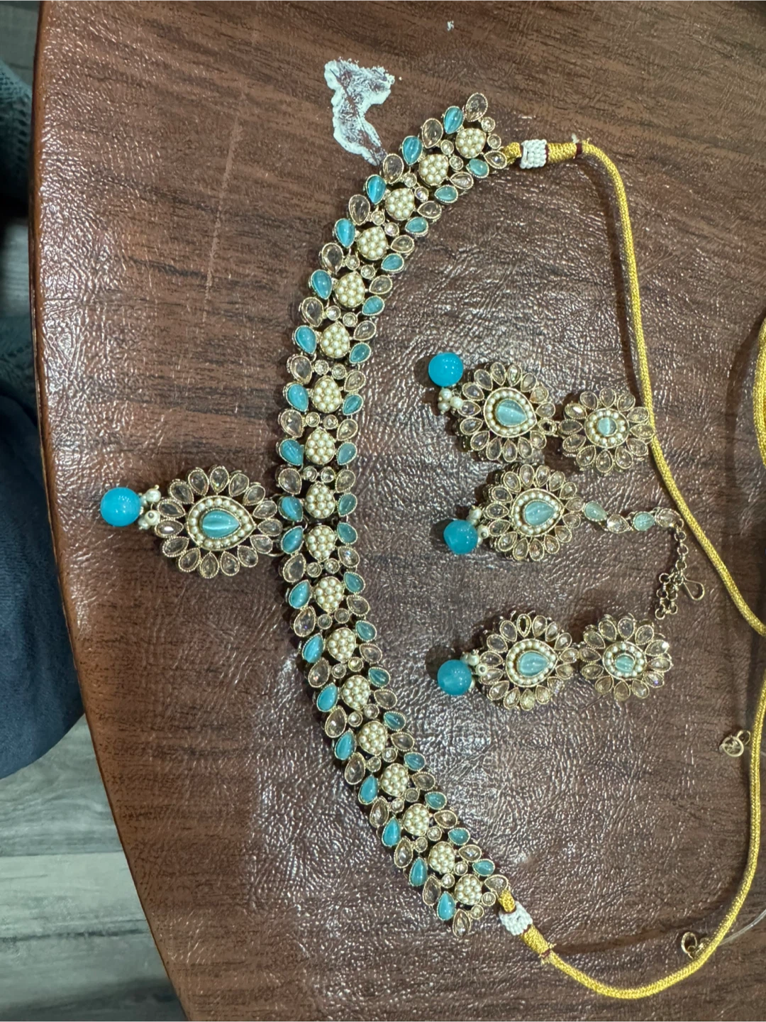 Gold Tone Teal and Pearl Choker Necklace Set with Earrings