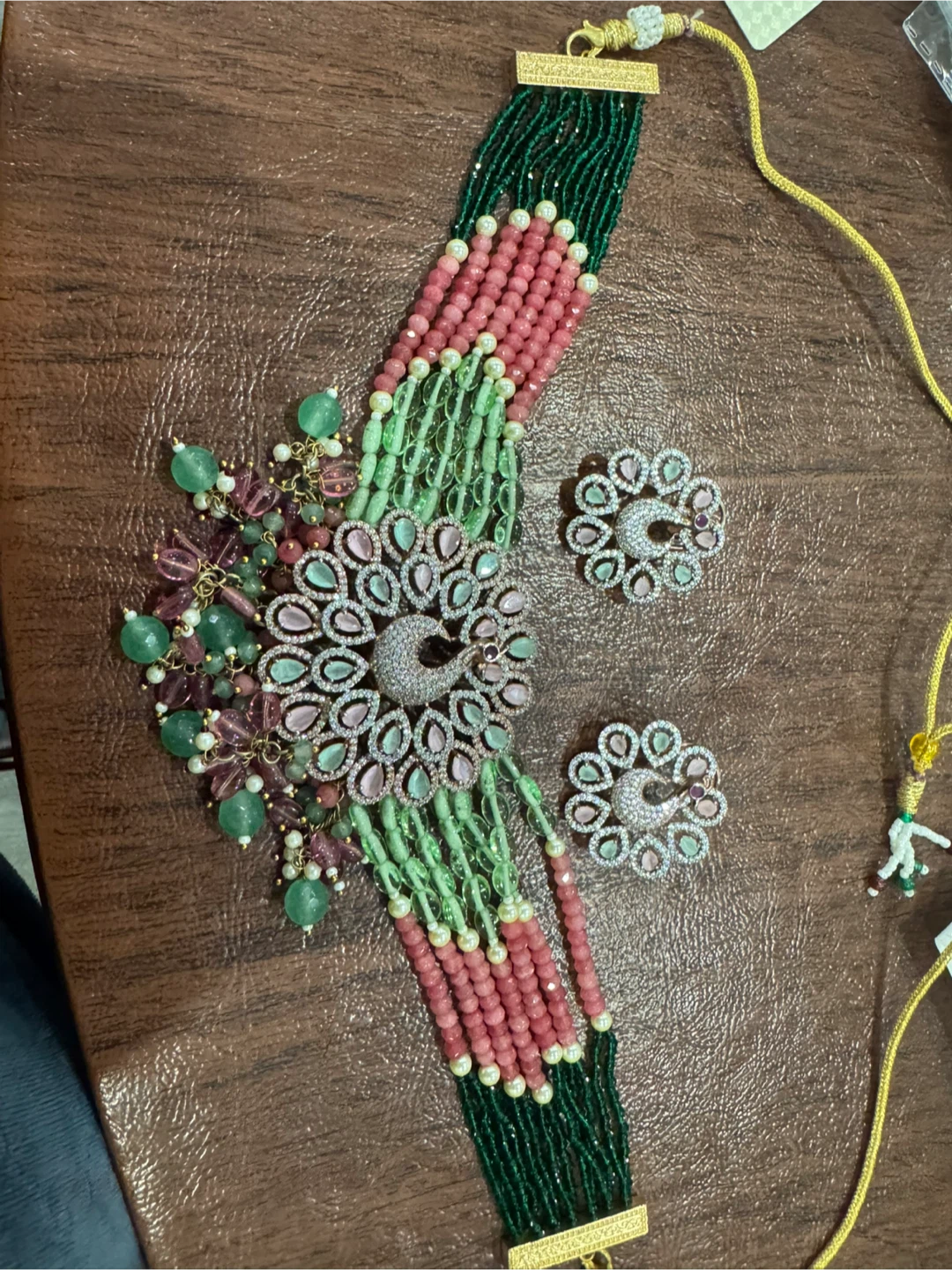 Beaded Peacock Choker Necklace Set with Earrings