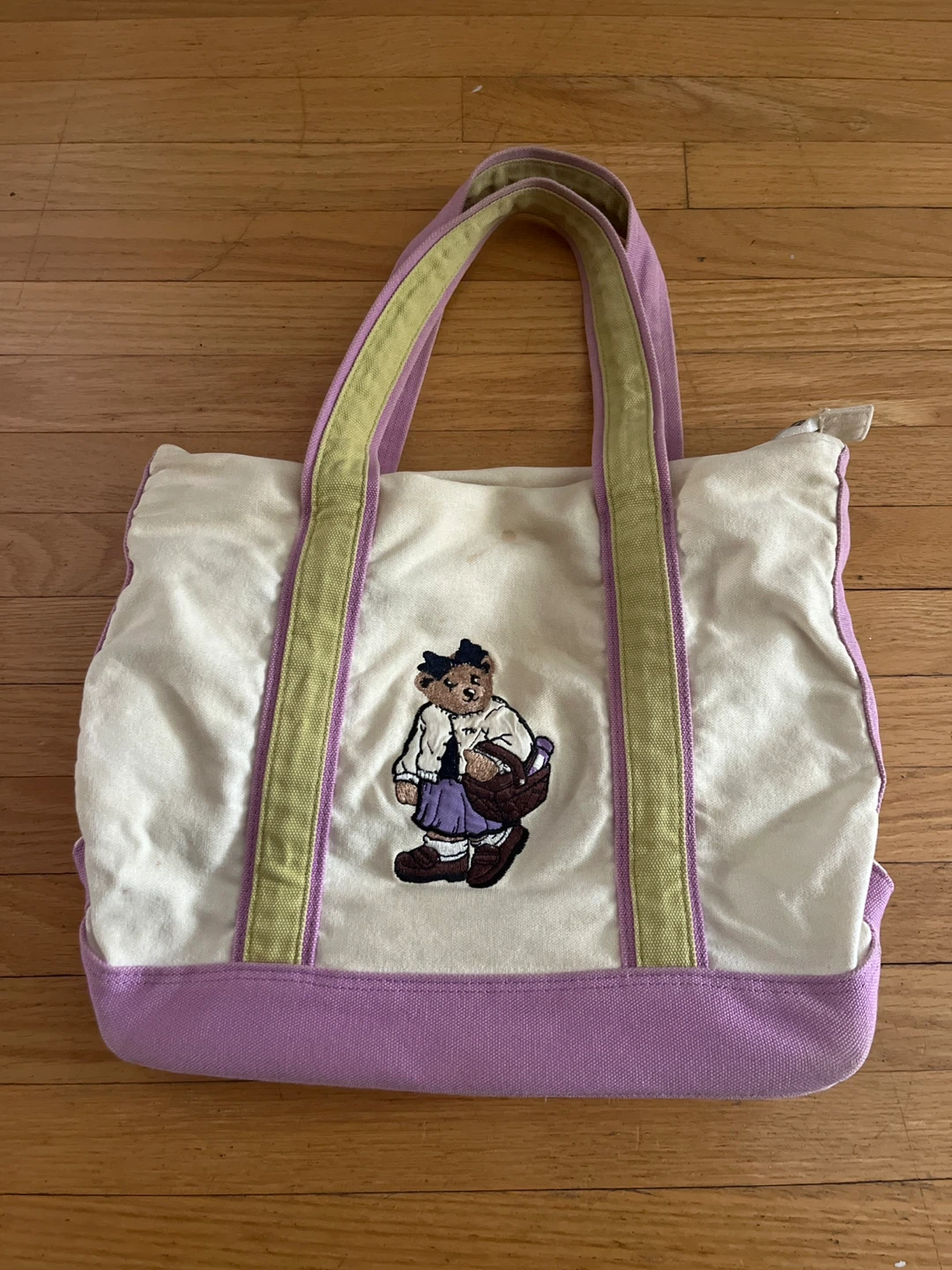 Canvas Tote Bag with Embroidered Bear Design