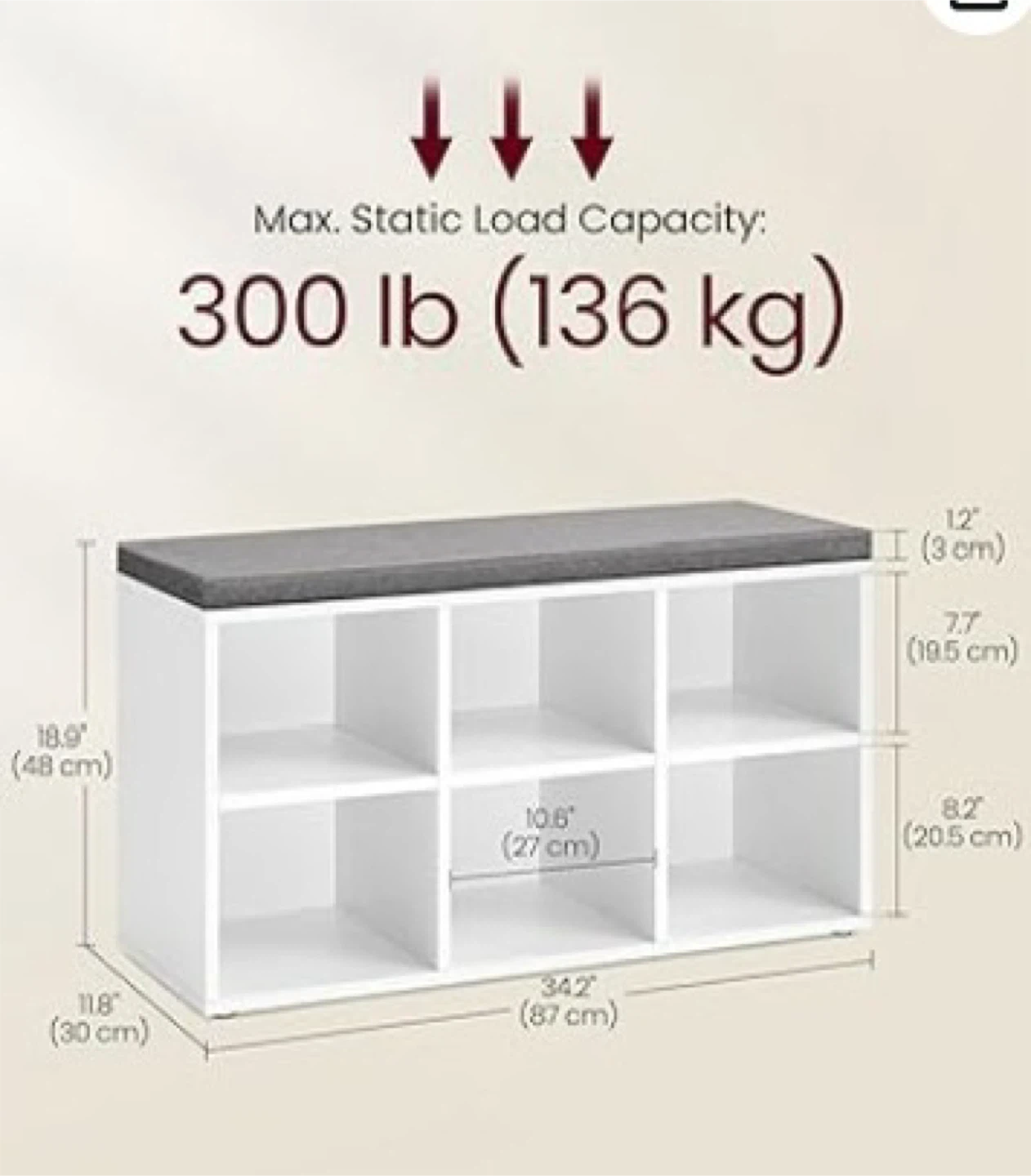 White 6-Cube Storage Bench with Grey Cushion - photo 2