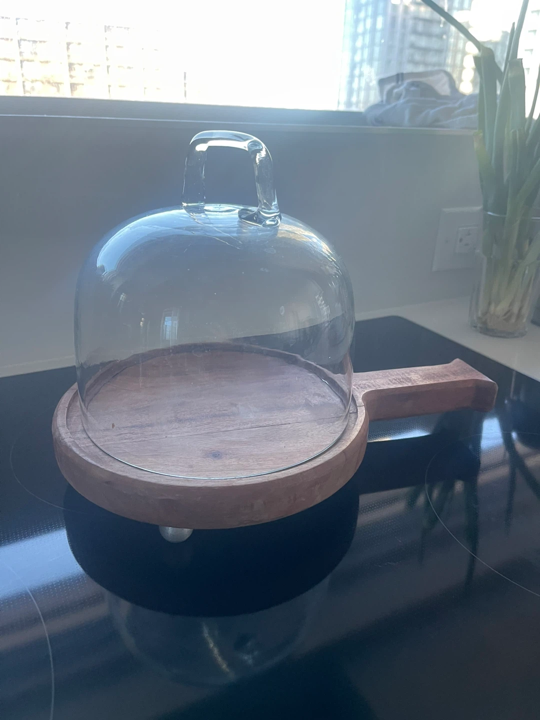 Glass Dome and Wooden Serving Board with Handle
