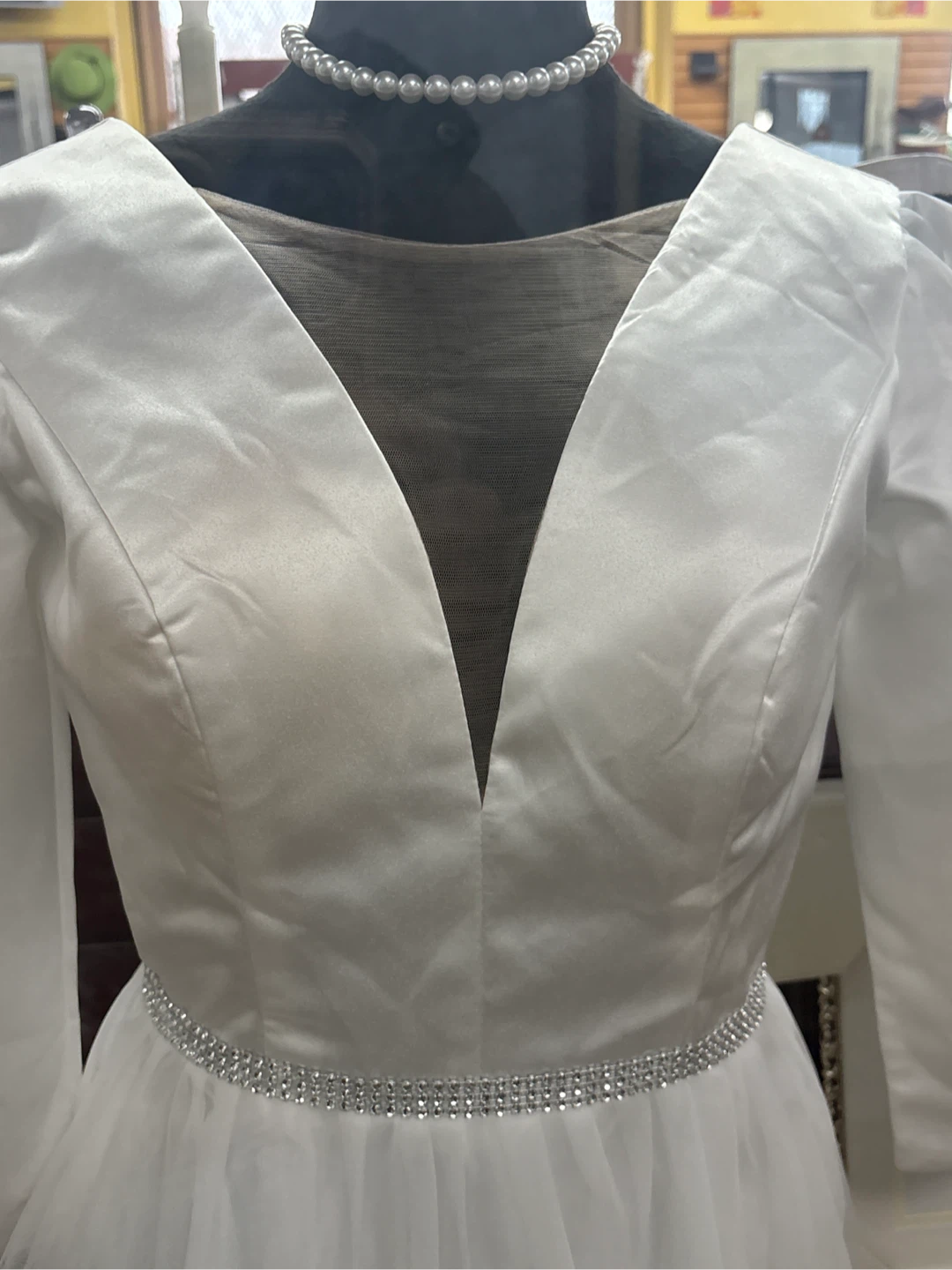 White Satin Tulle Dress with Rhinestone Belt - photo 4