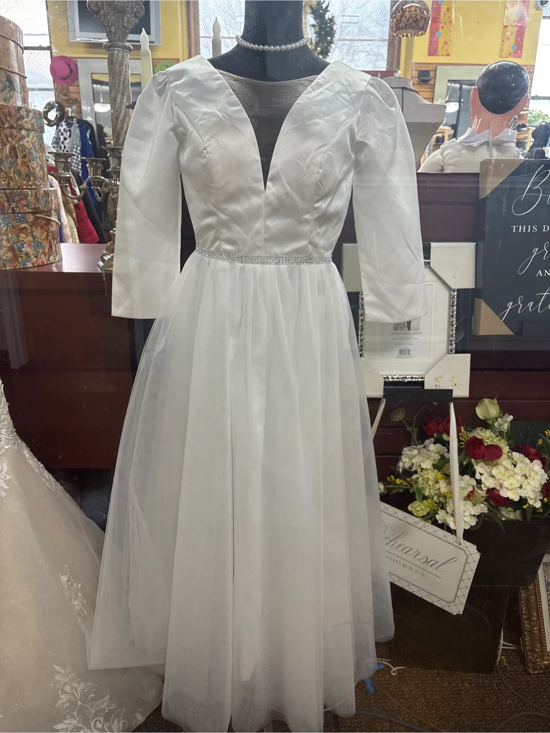 White Satin Tulle Dress with Rhinestone Belt - photo 2