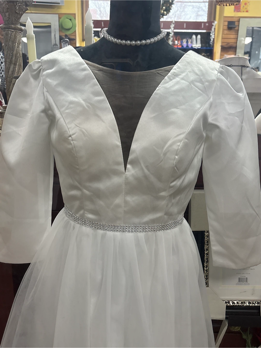 White Satin Tulle Dress with Rhinestone Belt