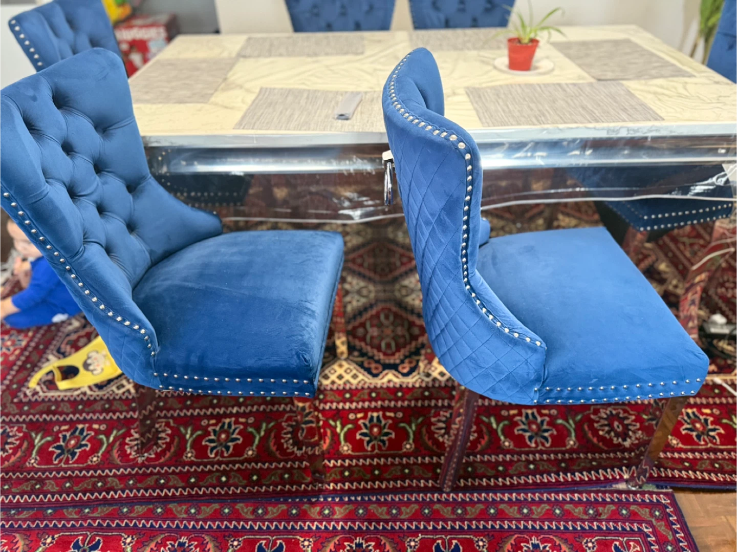 Blue Velvet Tufted Sofa Set with Crystal Accents