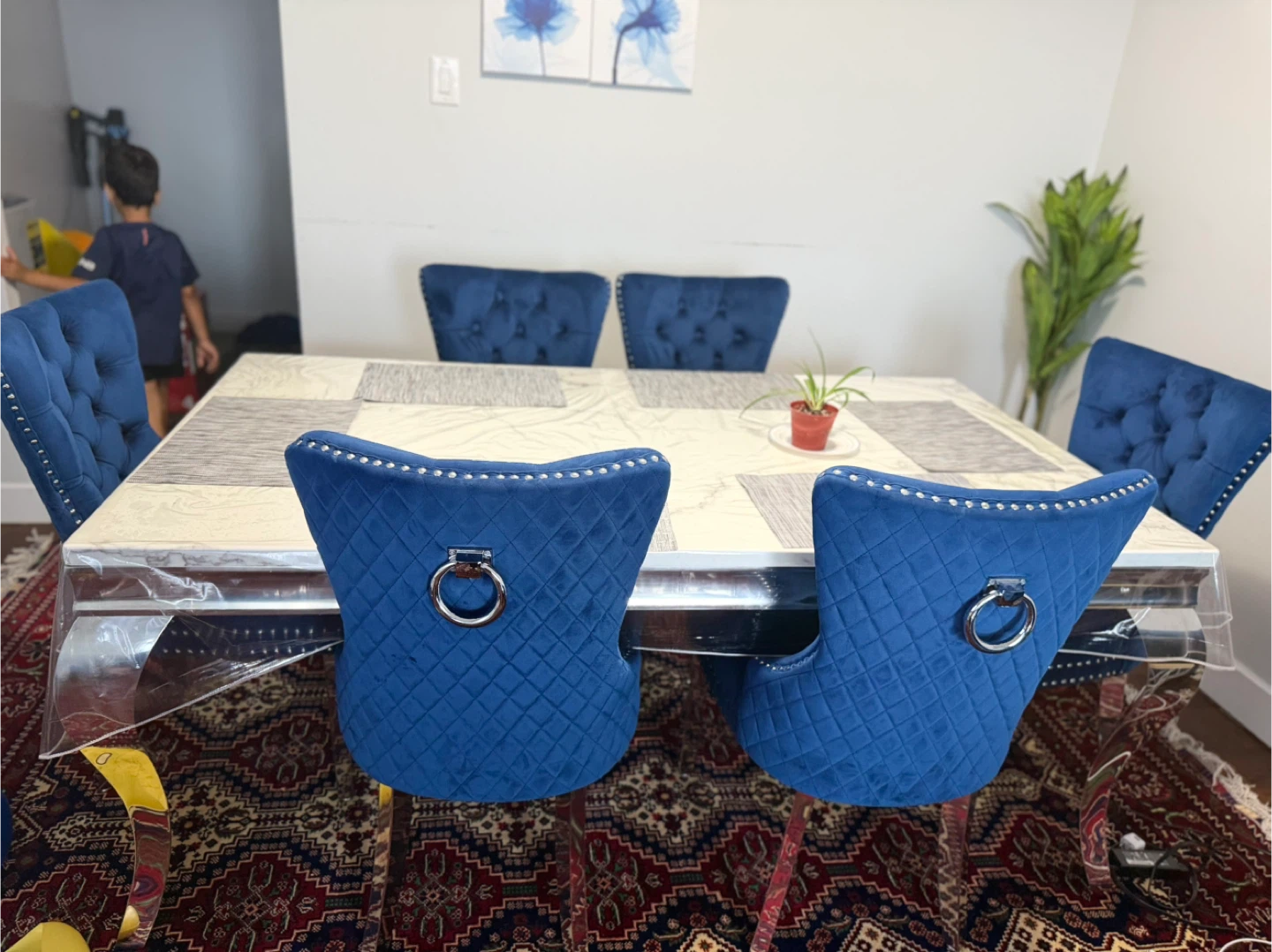 Blue Velvet Tufted Sofa Set with Crystal Accents - photo 3