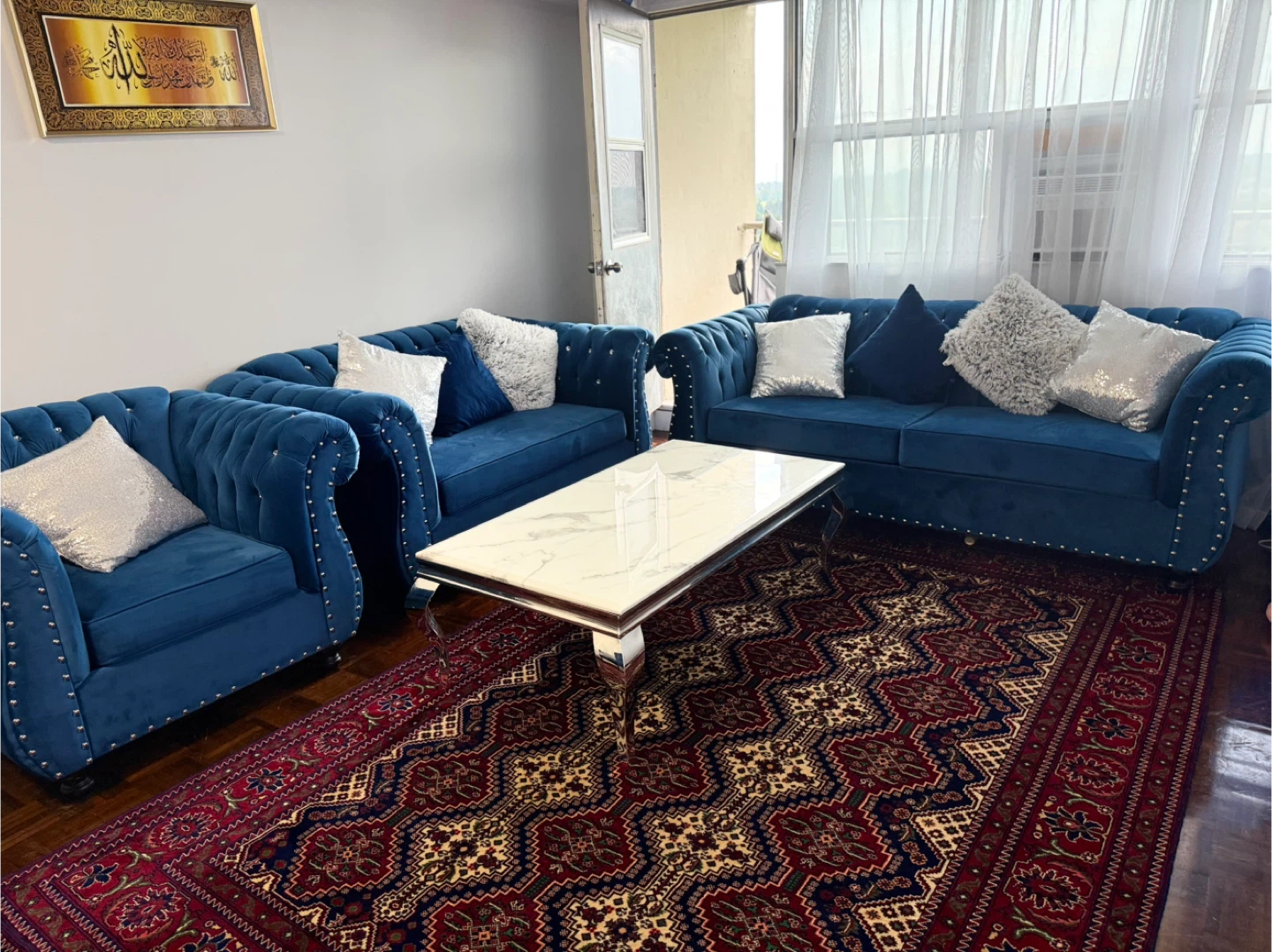 Blue Velvet Tufted Sofa Set with Crystal Accents - photo 4