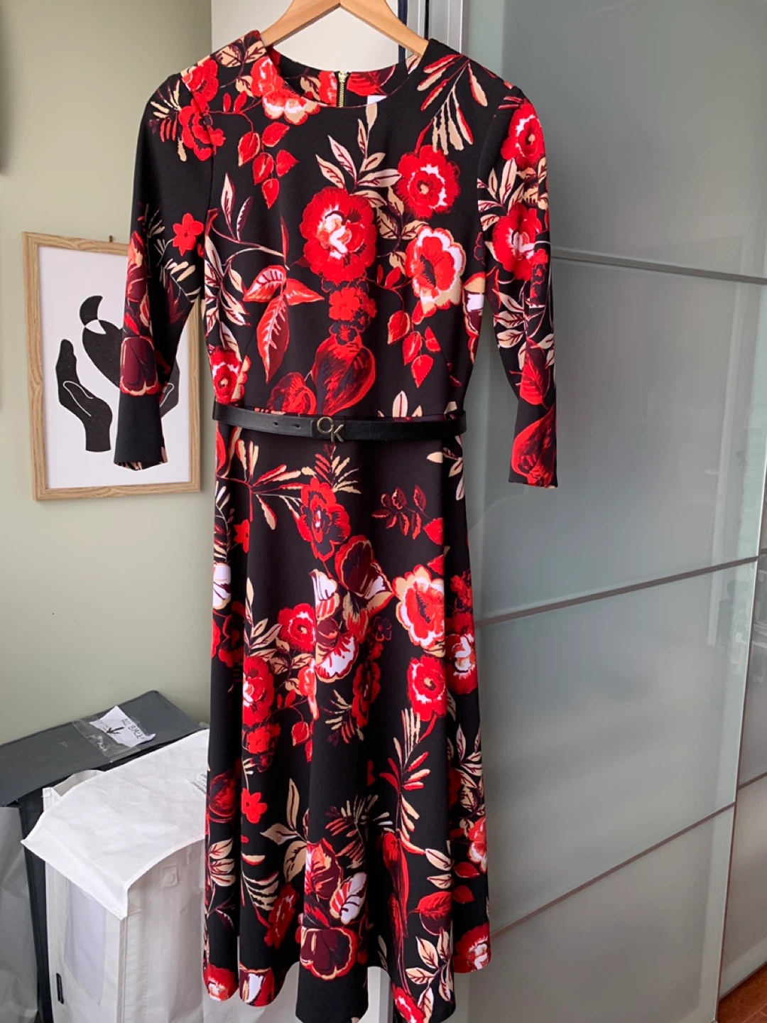 Calvin Klein Black Red Floral Print Midi Dress Size 4 - photo 3