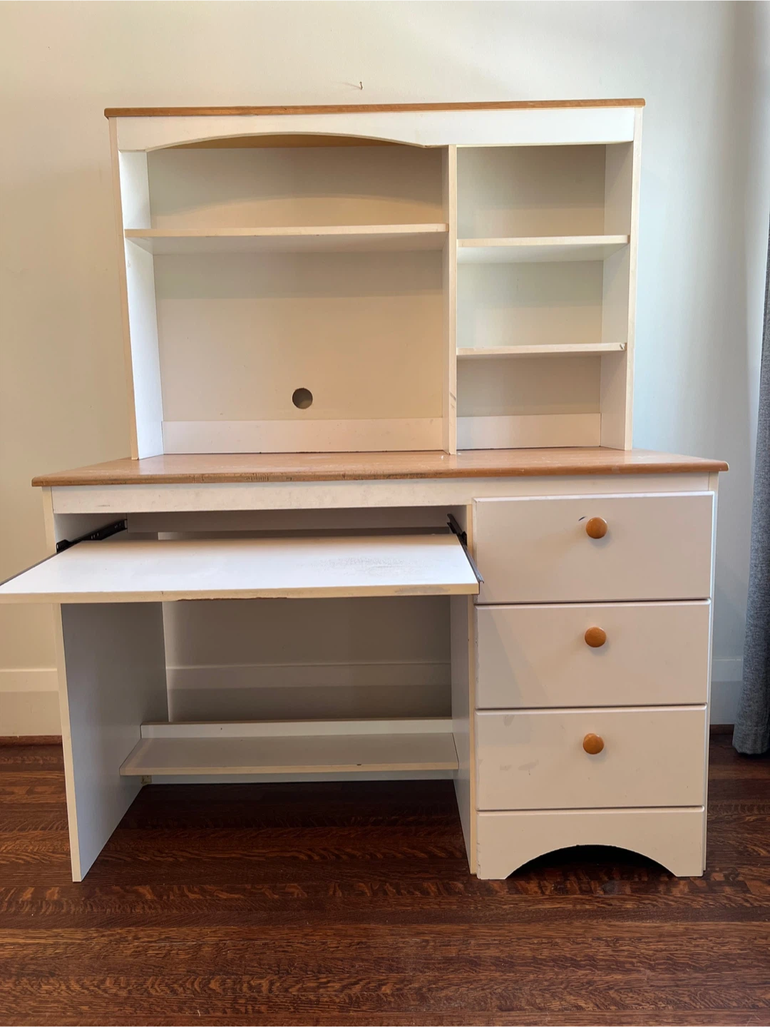 White and wood hutch desk with drawers