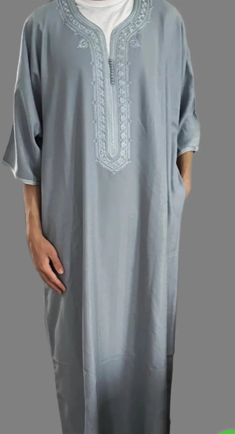 Men's Grey Moroccan  Thobe with Embroidery