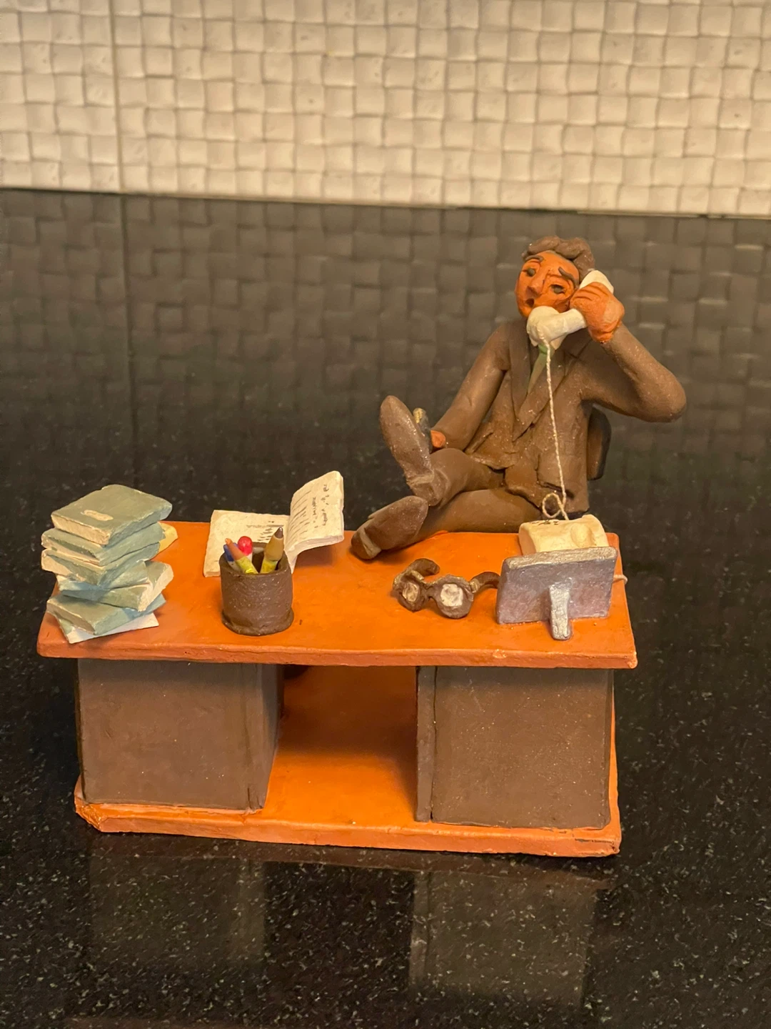 Desk Miniature Diorama with Man on Phone