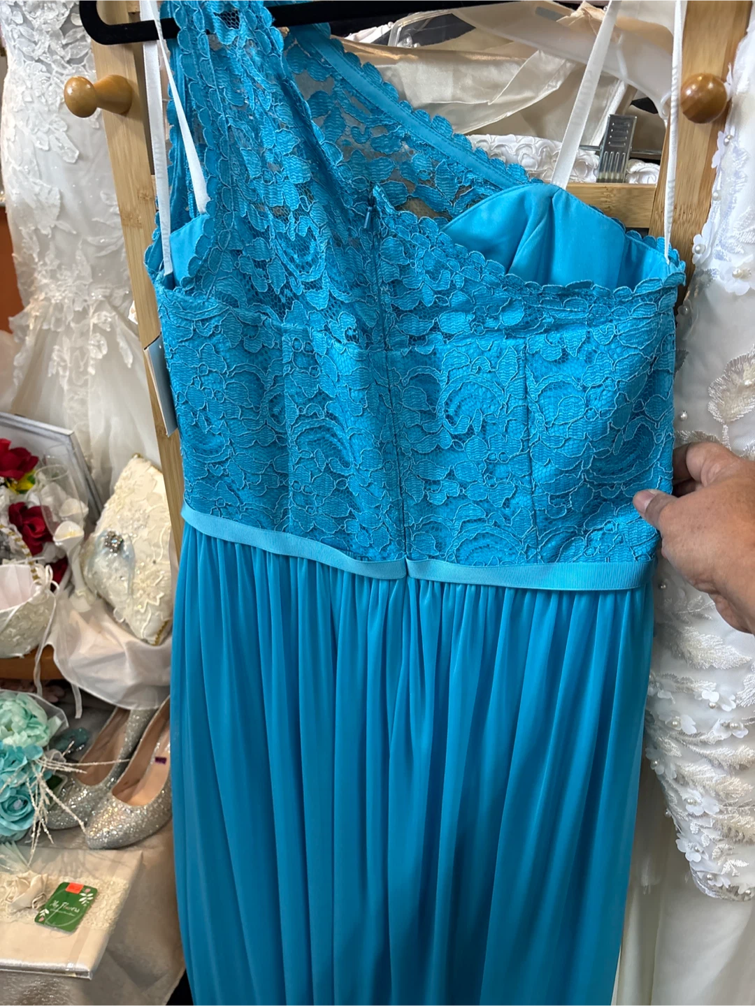 Turquoise Lace One-Shoulder Prom Dress - photo 4