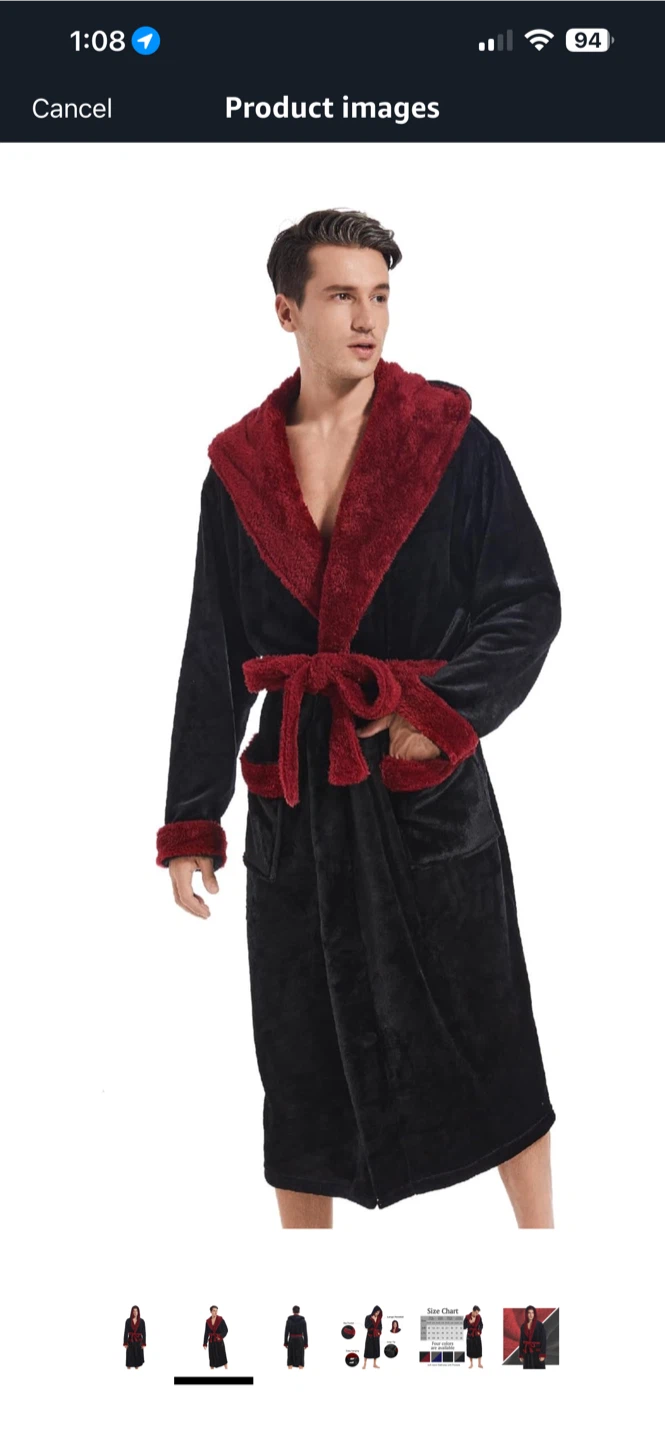 Men's Black Plush Robe with Burgundy Trim