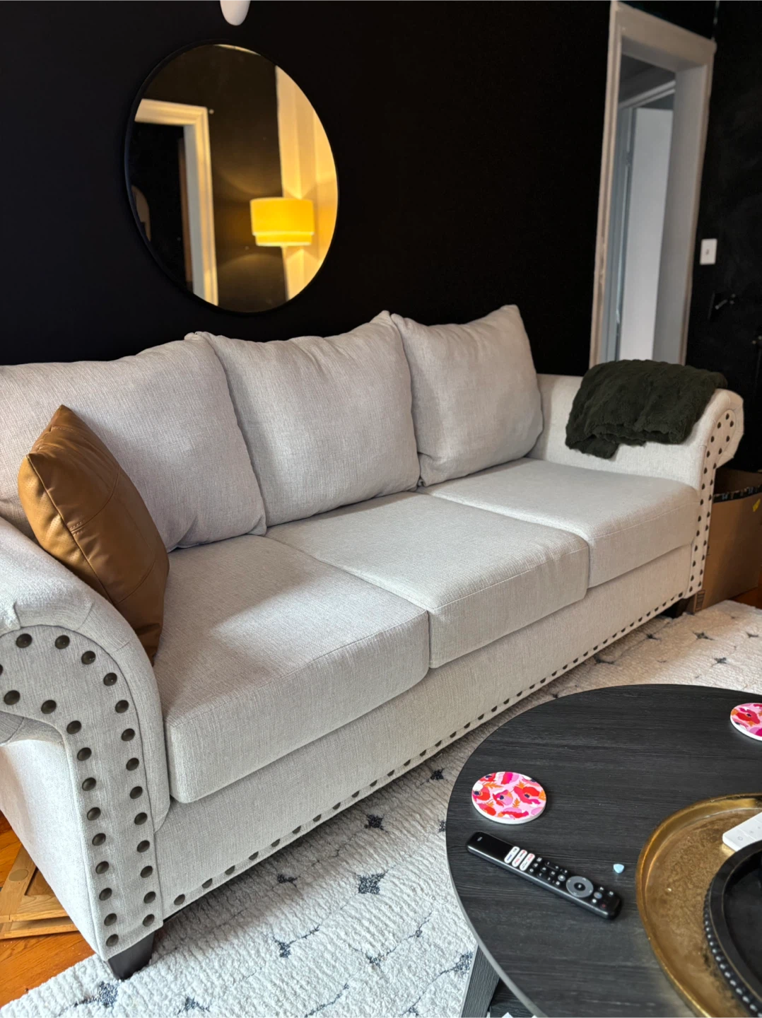 Cream Upholstered Sofa  with Nailhead Trim