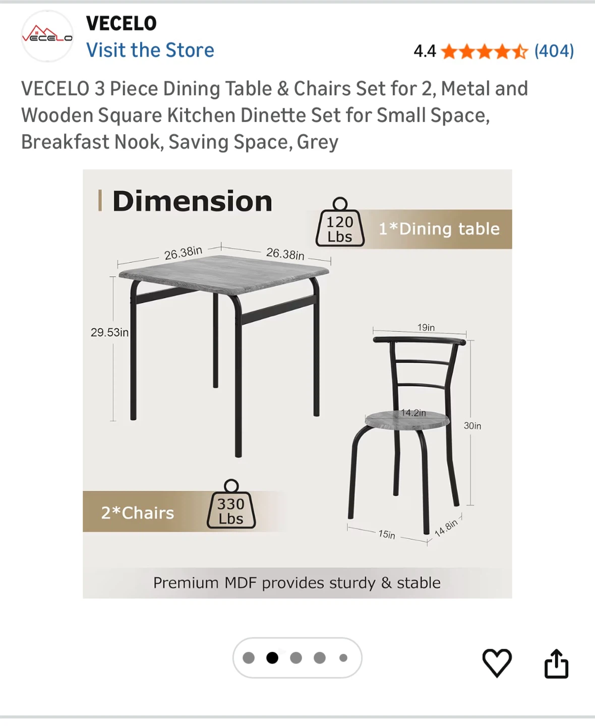 VECELO 3 Piece Dining Table & Chairs Set - Grey - photo 2