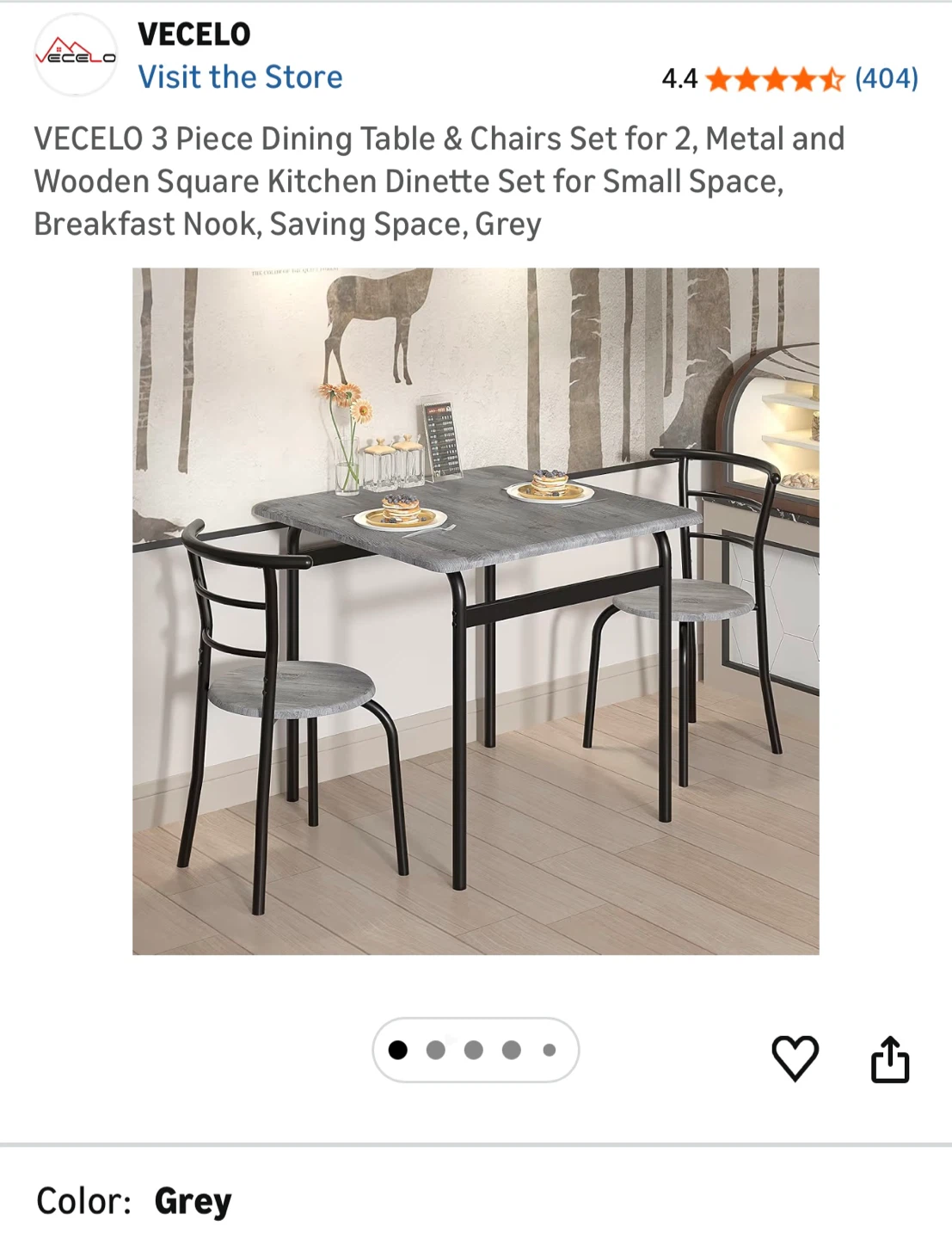 VECELO 3 Piece Dining Table & Chairs Set - Grey