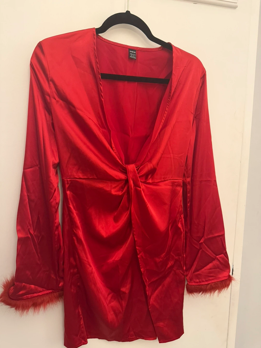 Red Satin Dress with Fur Trim