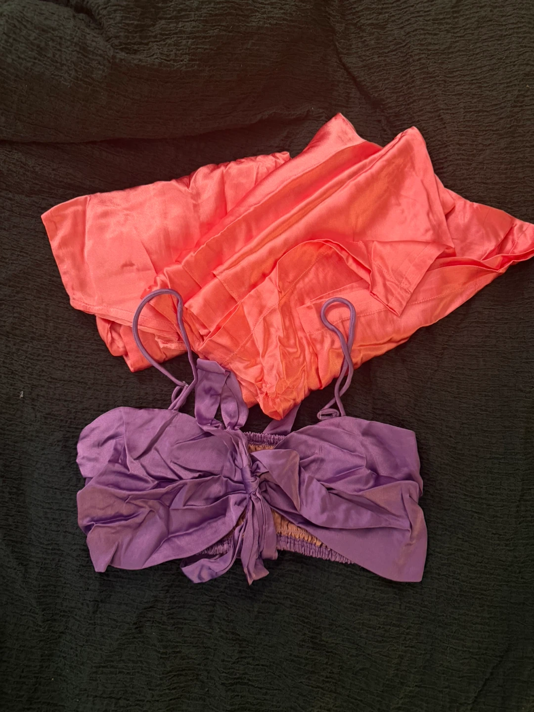 Purple Bow Detail Crop Top & Pink Silky Shorts Set