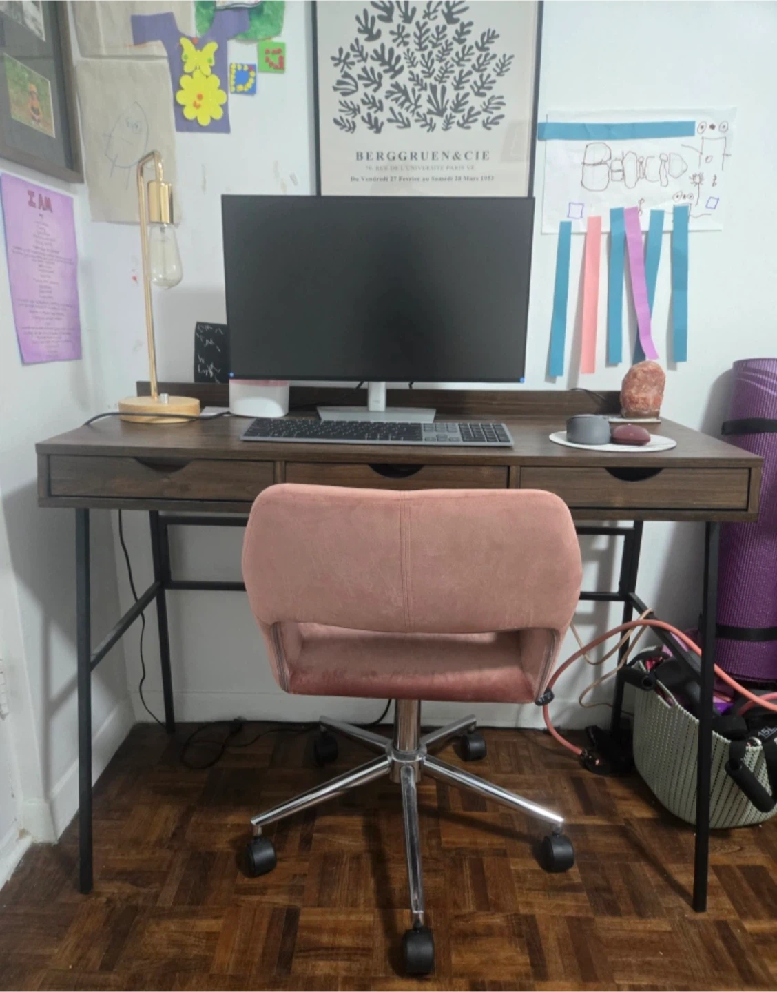 Wooden Desk and Pink velvet office chair set