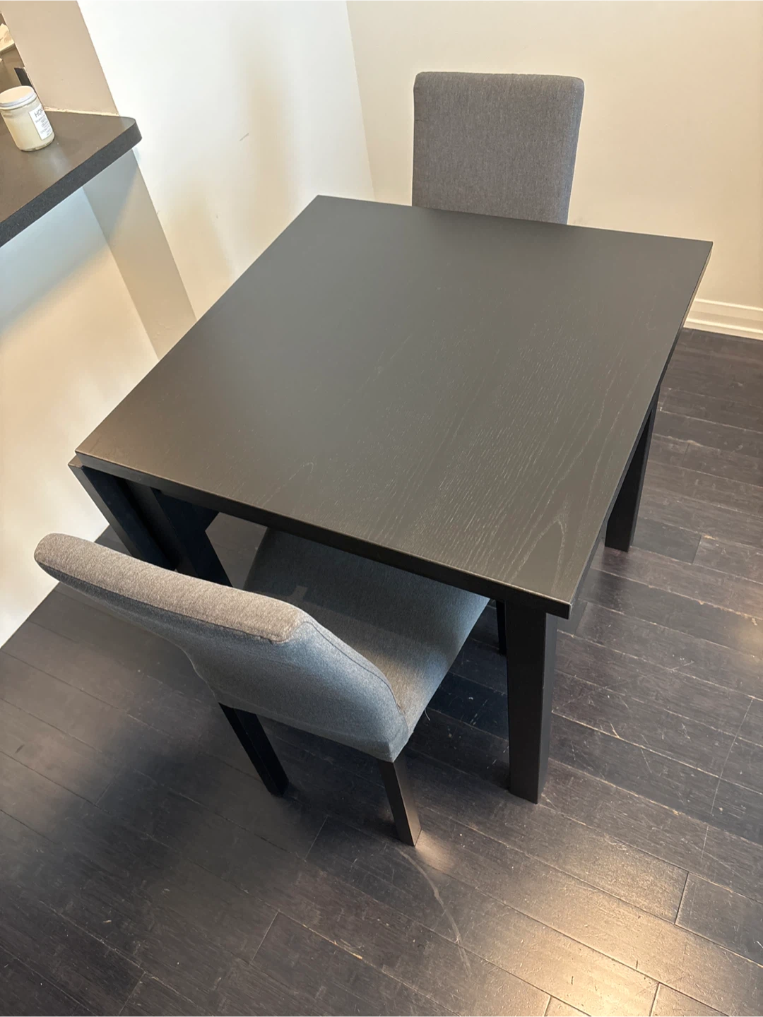 Black Dining Table with 2 Grey Chairs