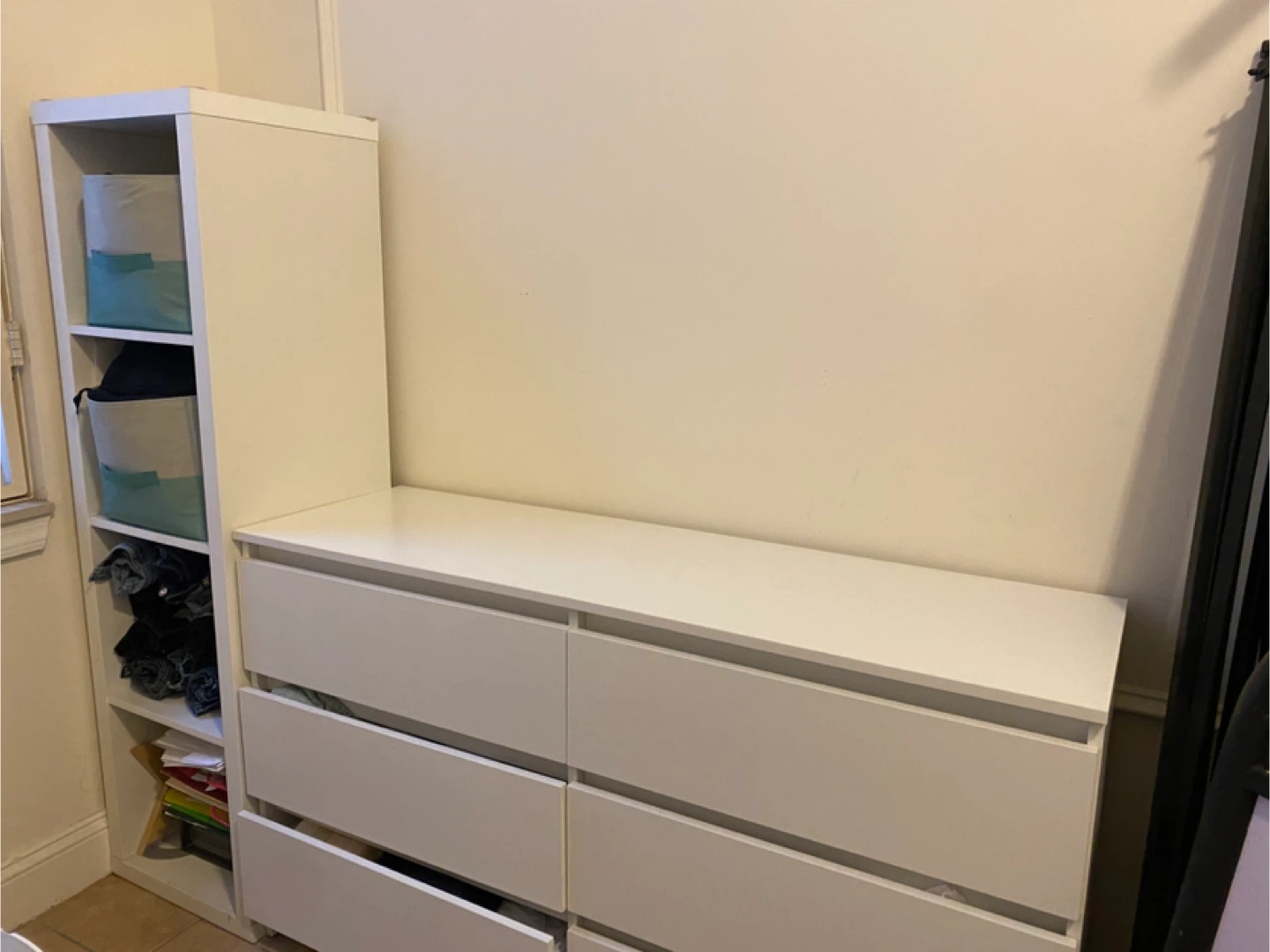 White 6-Drawer Dresser and Side Shelving Unit