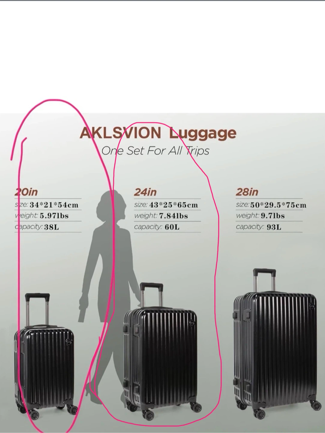AKLSVION Luggage Set - 20in, 24in Black