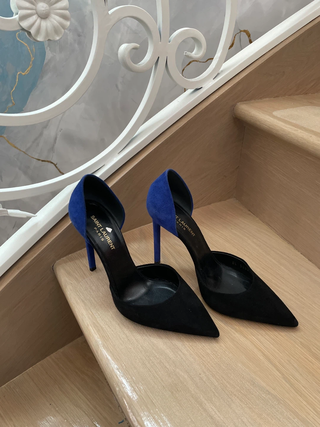 Saint Laurent Paris Suede Pointed Toe Heels - Black & Blue