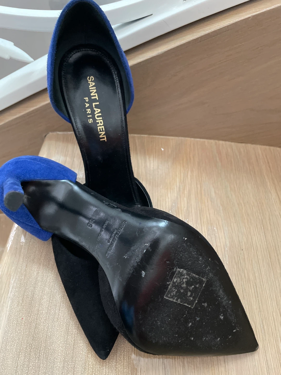 Saint Laurent Paris Suede Pointed Toe Heels - Black & Blue - photo 2