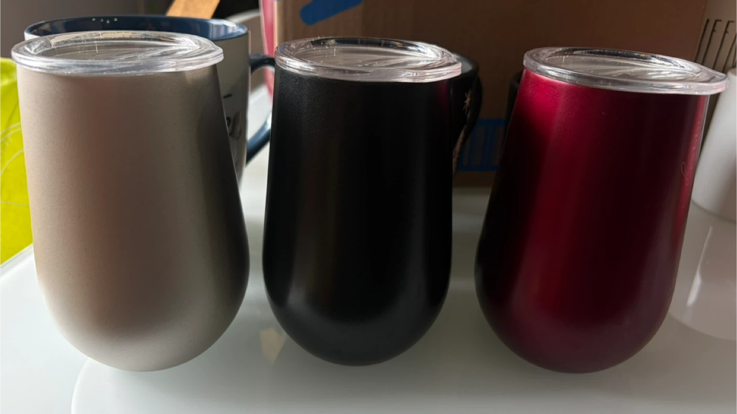 Set of 3 Stemless Wine Tumblers with Lids - Red, Black, and Gold