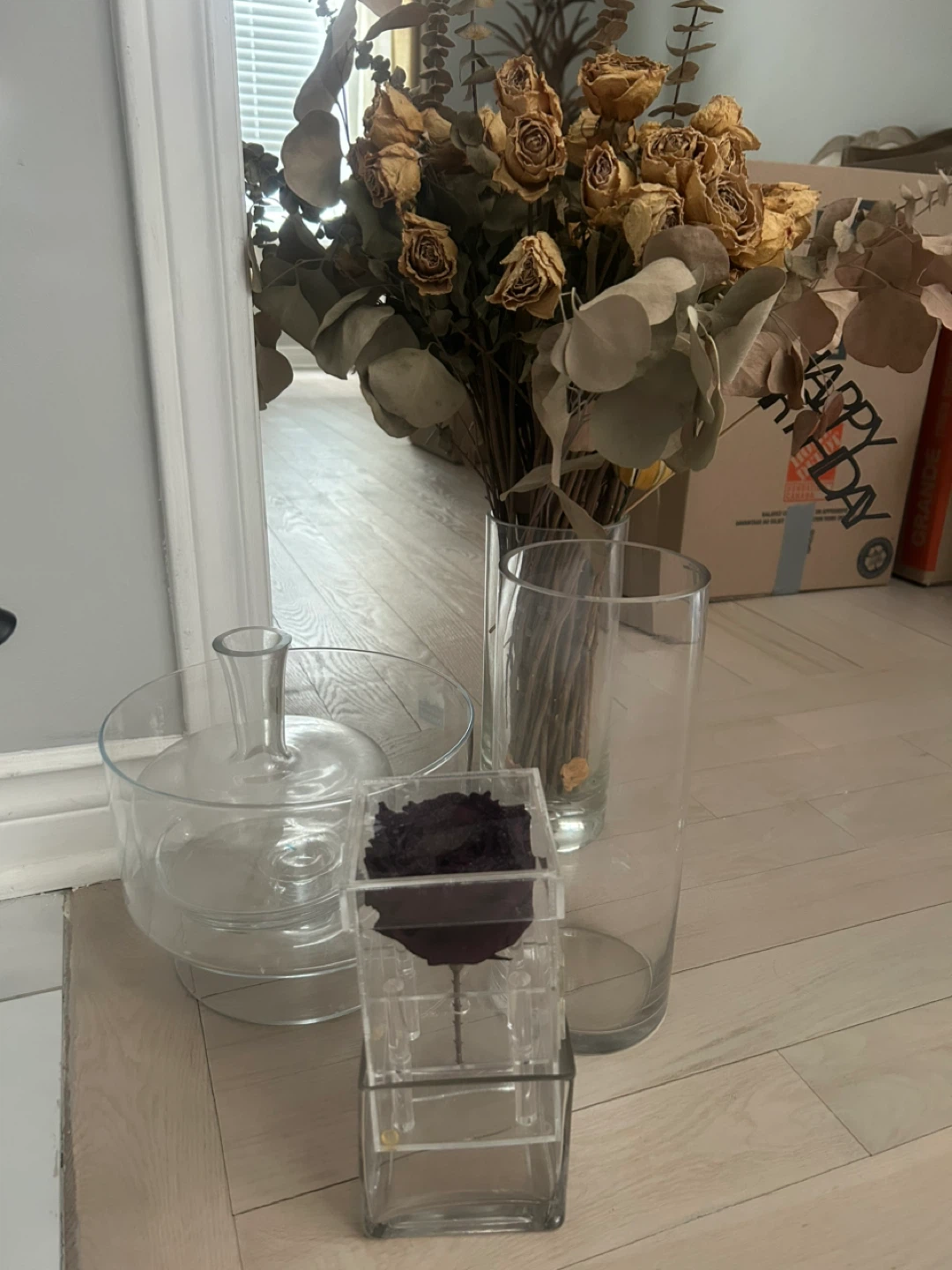 Dried Rose & Eucalyptus Bouquet in Glass Vases